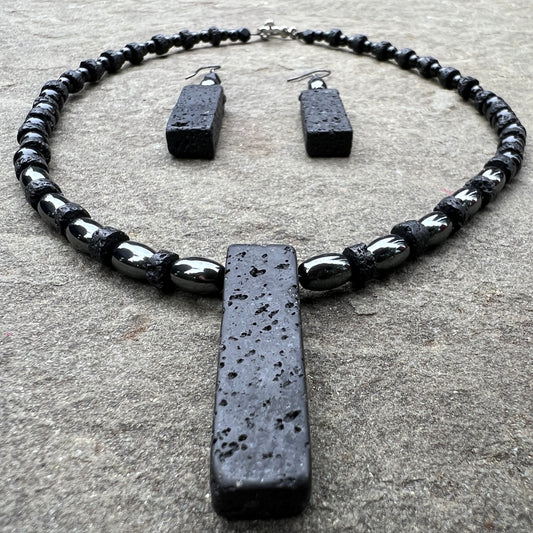 Black Tourmaline + Lava Rock + Hematite Necklace + Earring Set