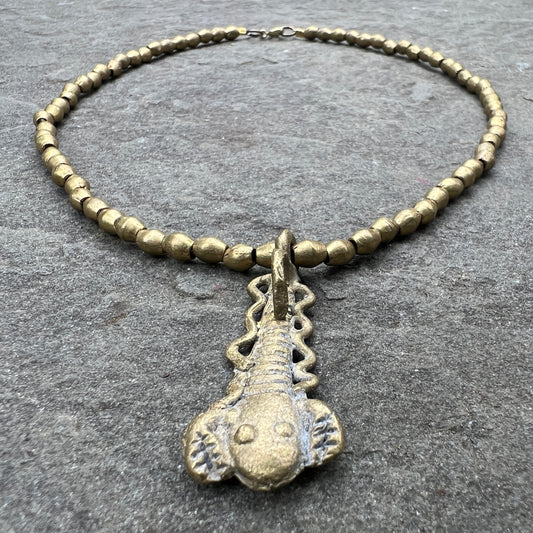18” Antique African Brass Beaded Scorpion Necklace