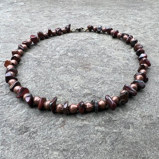 16” Antique African Copper + Hawk Eye Beaded Necklace