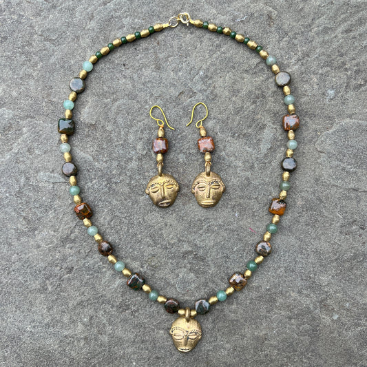 Brass African Mask + Emerald + Jade + Moss Agate + Antique African Brass Beaded Necklace + Earring Set