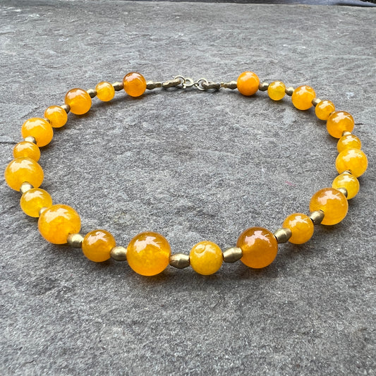 16” Yellow Jade + Antique African Brass Beaded Necklace